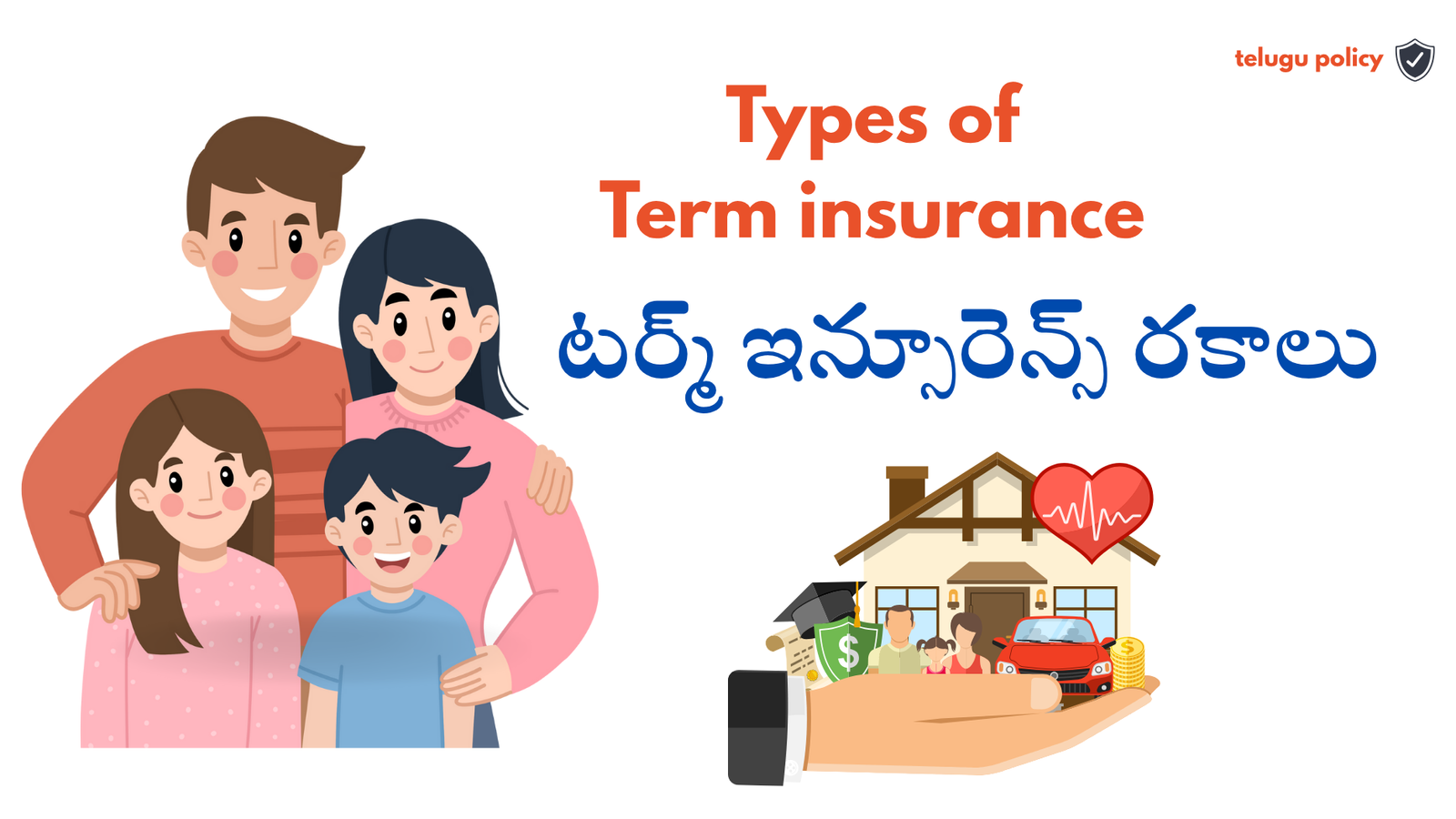 Diagram showing types of term insurance: Level term with constant sum assured; Decreasing term with reducing cover; Increasing term with rising cover to offset inflation; Convertible term that can change to permanent policy; Renewable term allowing extension without medical check; Return of premium term returning premiums on survival; and Group term for multiple members, typically employer-sponsored